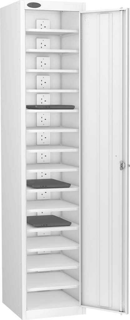 Tall charging locker with fifteen shelves and lockable door