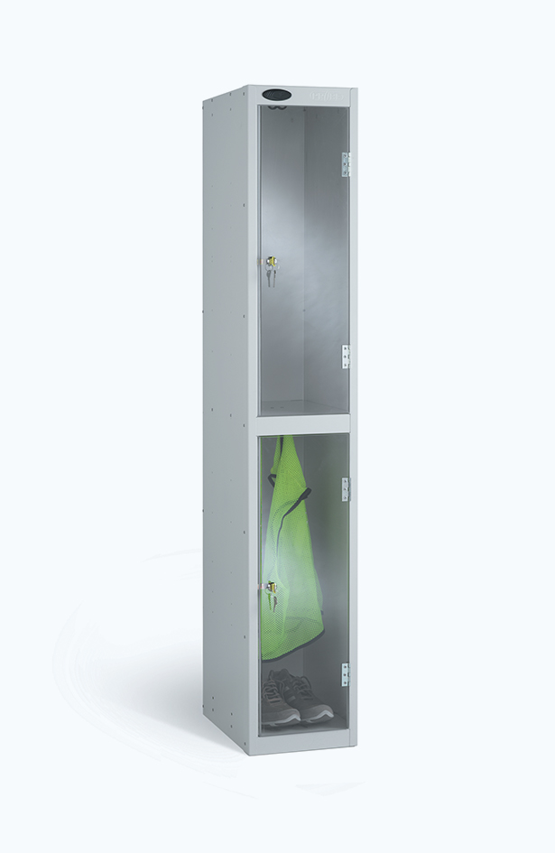 A grey locker with two lockers with clear doors so can look into them. All lockable with keys