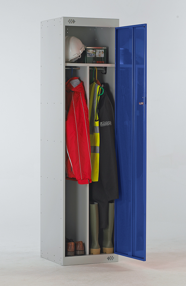 A grey two sectioned locker for clean and dirty work gear with shelf above with a blue door.