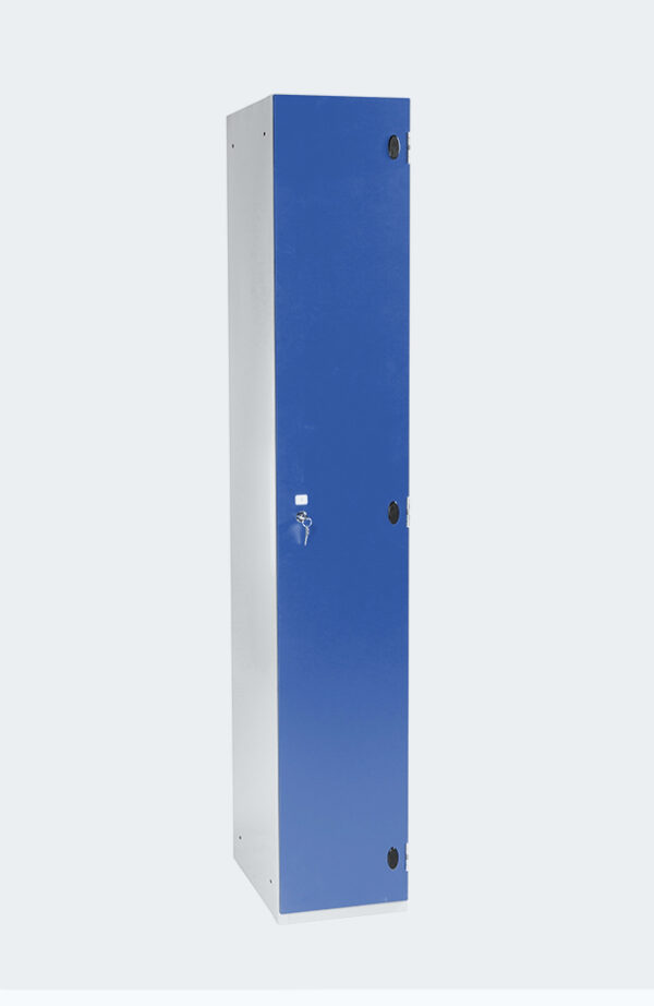 Grey locker with one locker with blue door with lock and key to open