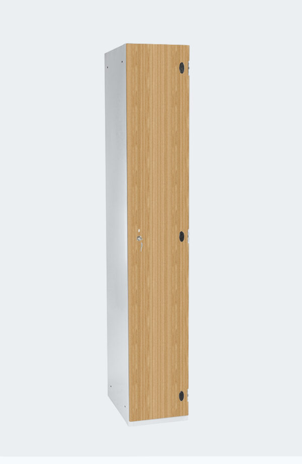 Grey locker with one locker with wooden style door with lock and key to open