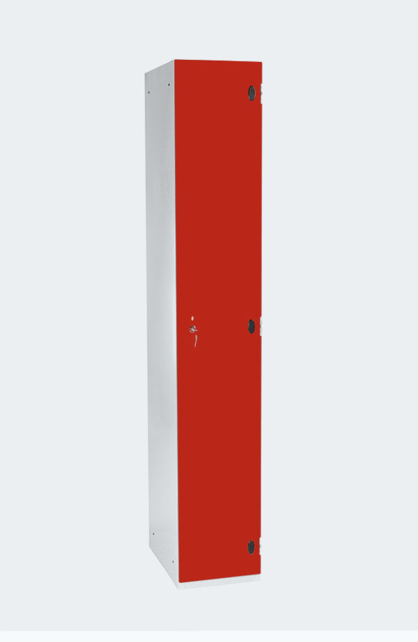 Grey locker with one locker with red door with lock and key to open