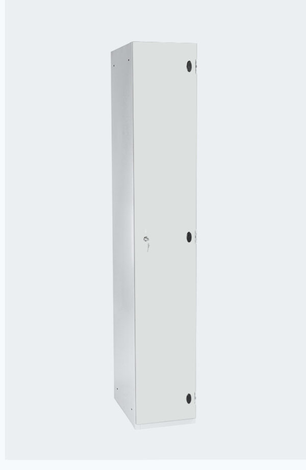 Grey locker with one locker with white door with lock and key to open
