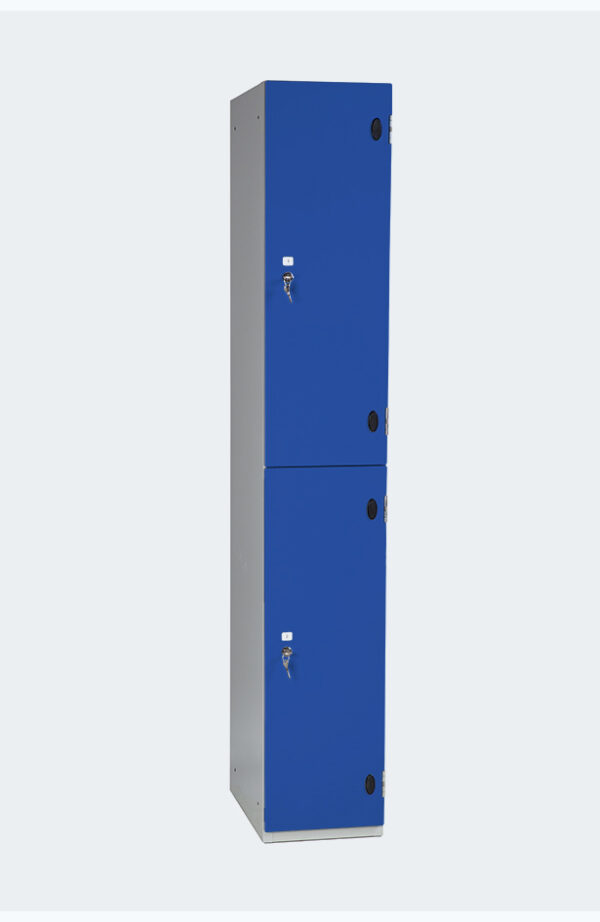 Grey locker with two lockers with blue doors with lock and key to open