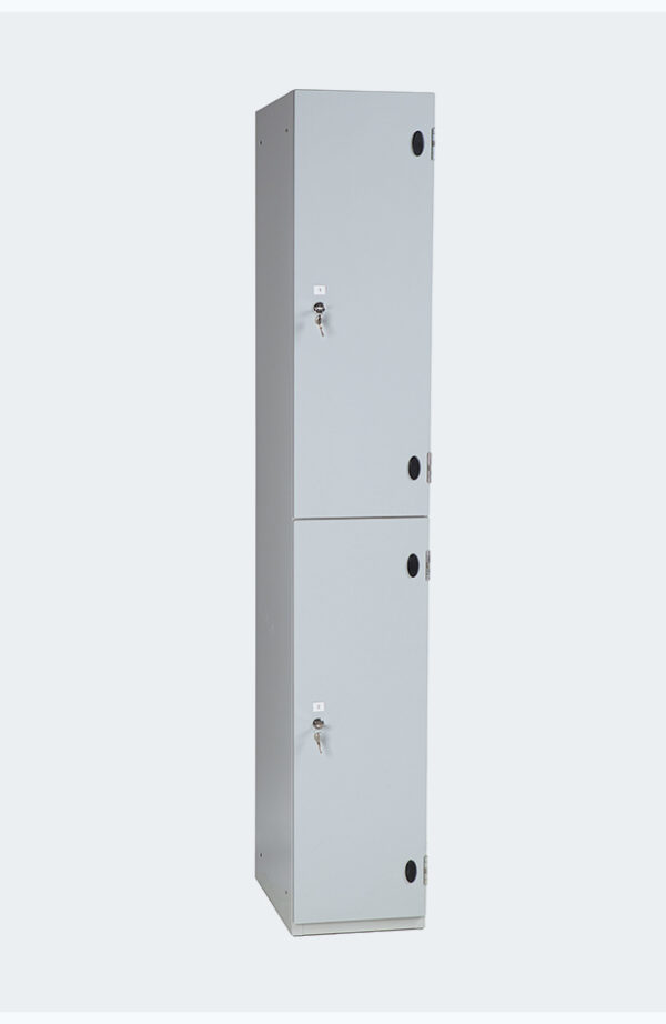 Grey locker with two lockers with grey doors with lock and key to open