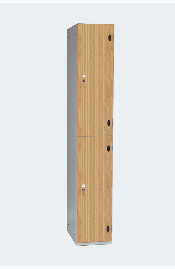 Grey locker with two lockers with wooden style doors with lock and key to open