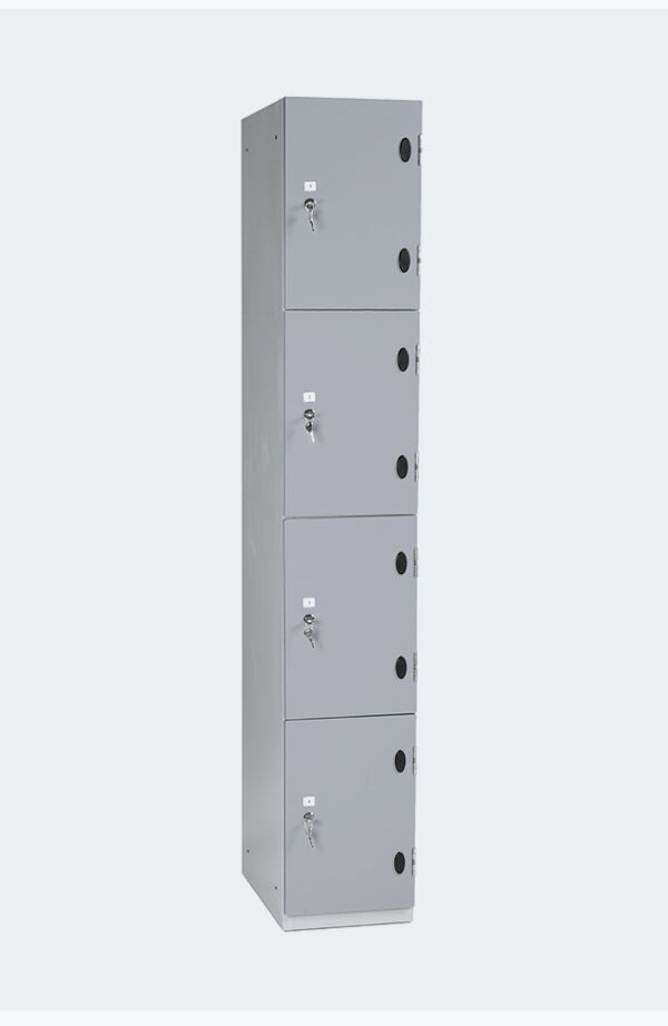Grey locker with four lockers with grey doors with lock and key to open
