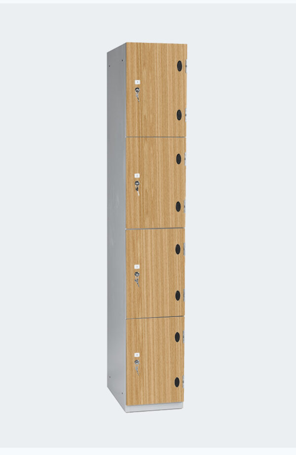 Grey locker with four lockers with wooden style doors with lock and key to open