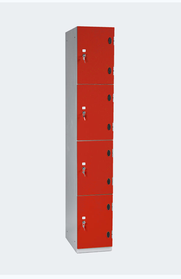 Grey locker with four lockers with red doors with lock and key to open