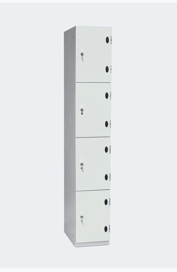 Grey locker with four lockers with white doors with lock and key to open