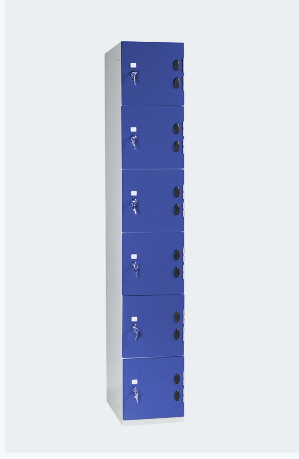 Grey locker with six lockers with blue doors with lock and key to open