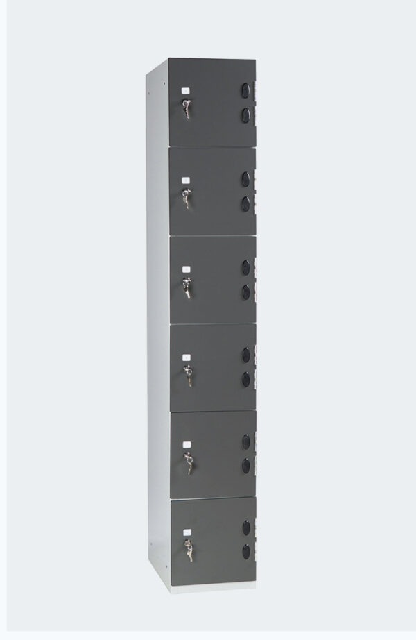 Grey locker with six lockers with dark grey doors with lock and key to open