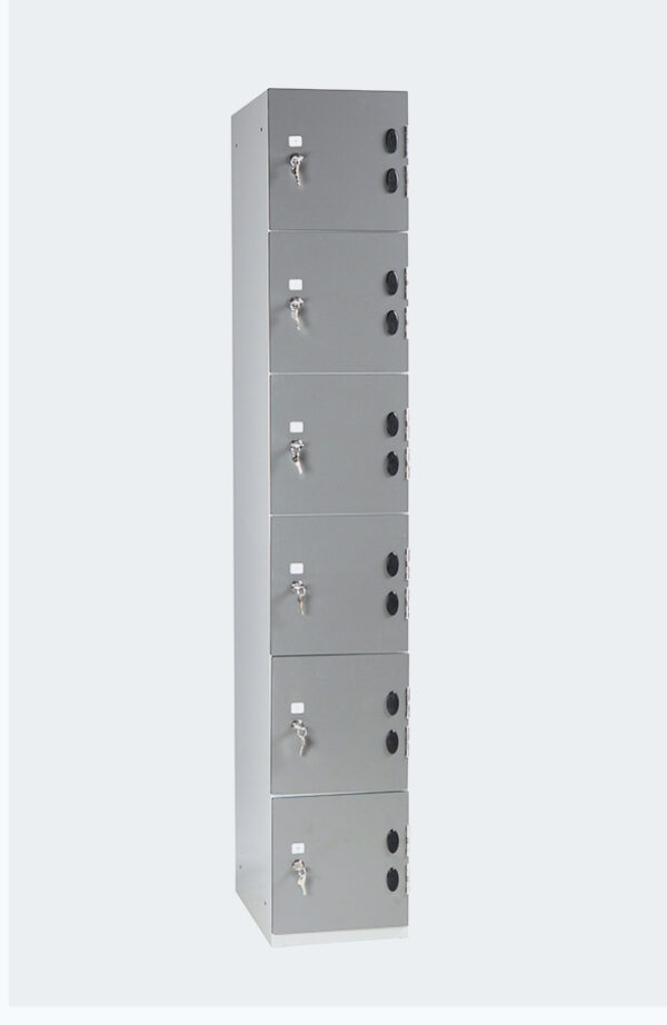 Grey locker with six lockers with grey doors with lock and key to open