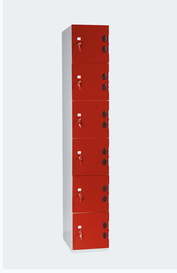 Grey locker with six lockers with red doors with lock and key to open