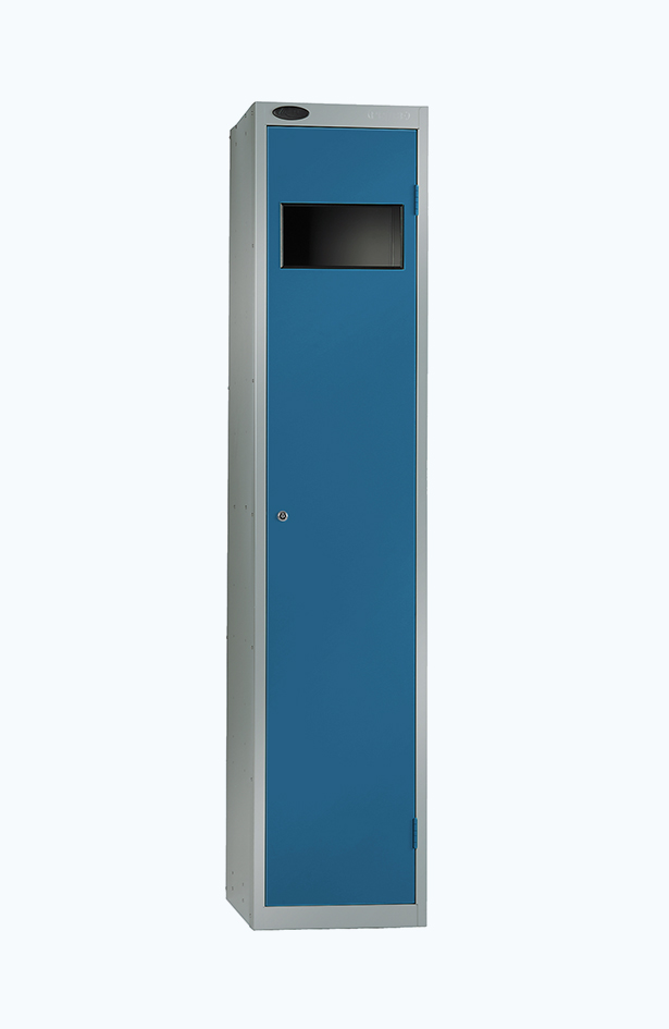 Grey garment locker with blue door