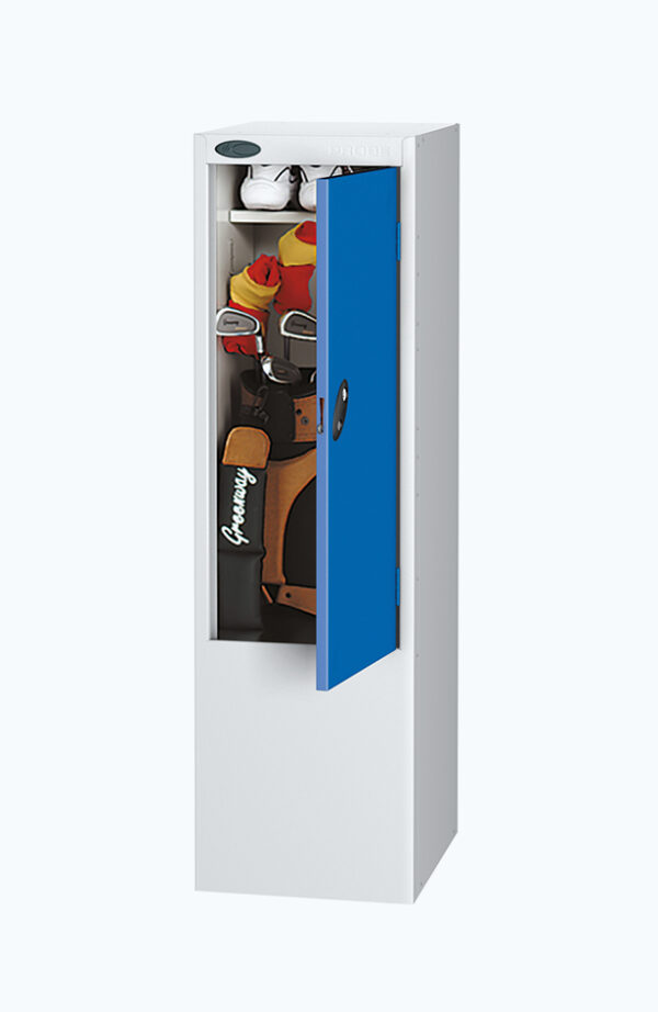 Grey golf club locker with a blue door and golf equipment in the locker