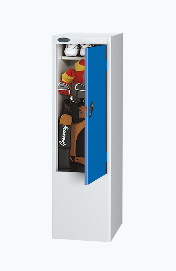 Grey golf club locker with a blue door and golf equipment in the locker
