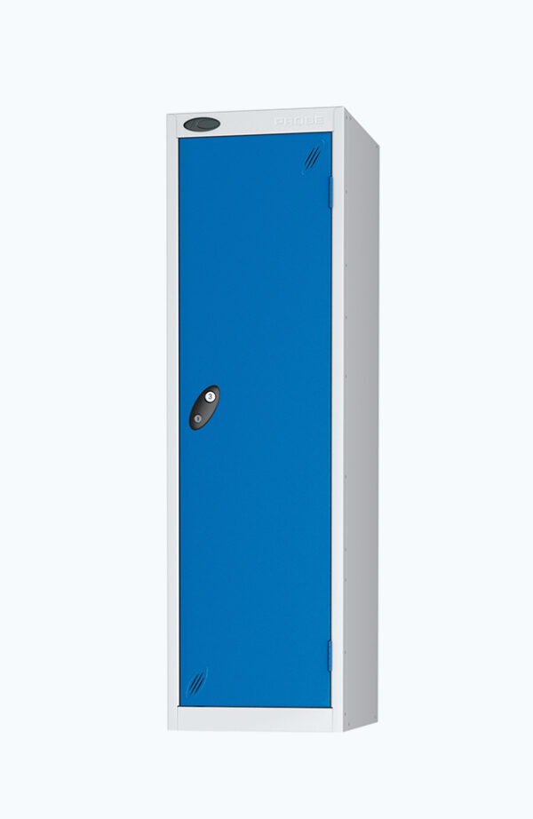Grey golf club locker with a blue door