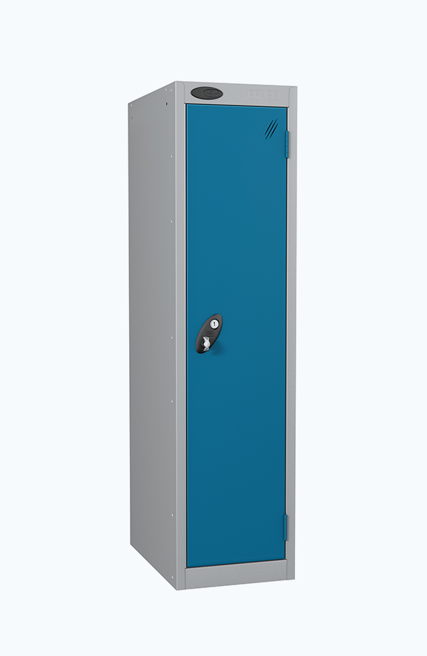 Grey locker with a lockable locker with aqua blue door