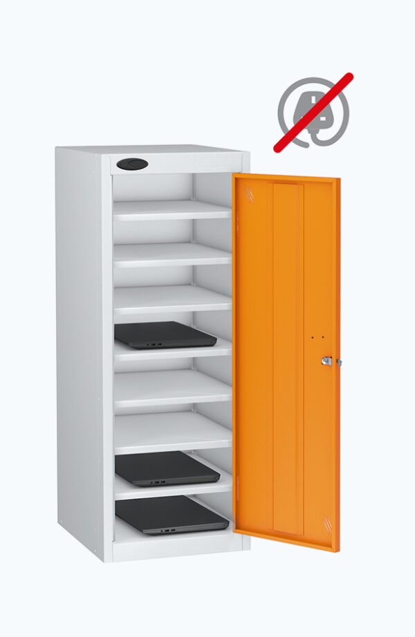 grey locker with eight shelves with a orange lockable door