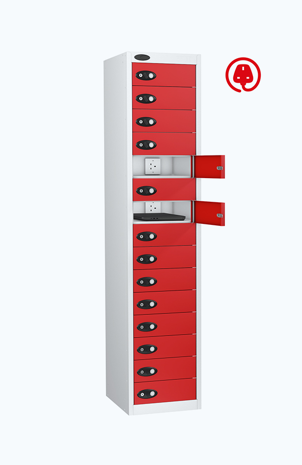 grey locker with fifteen shelves with a plug socket on each and red doors