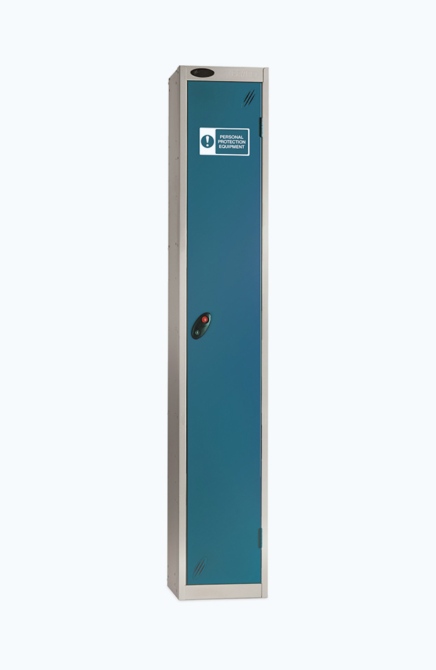 Grey one door PPE locker in aqua blue