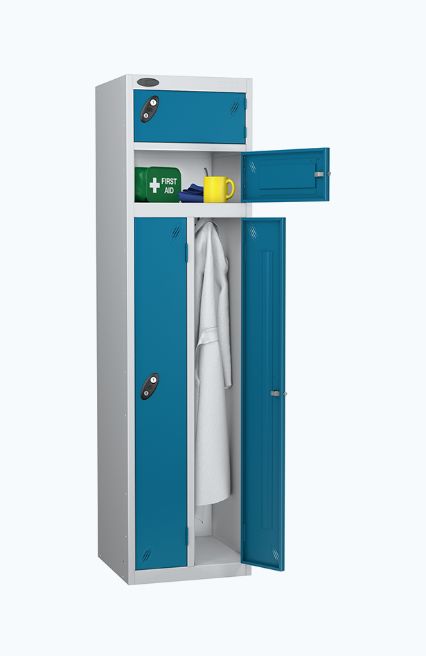 Two person grey locker with two small box lockers above too and all doors are aqua blue.
