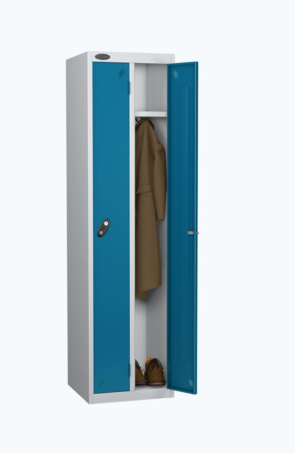 Grey twin locker with aqua blue doors and right door is open with a coat and shoes in