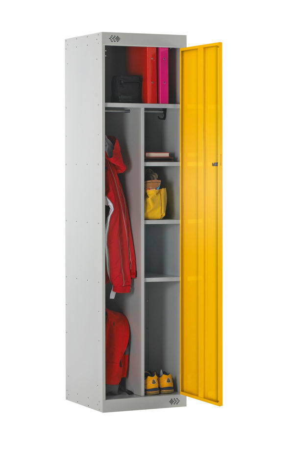 Grey uniform locker with multiple components filled with uniform and the yellow door opened