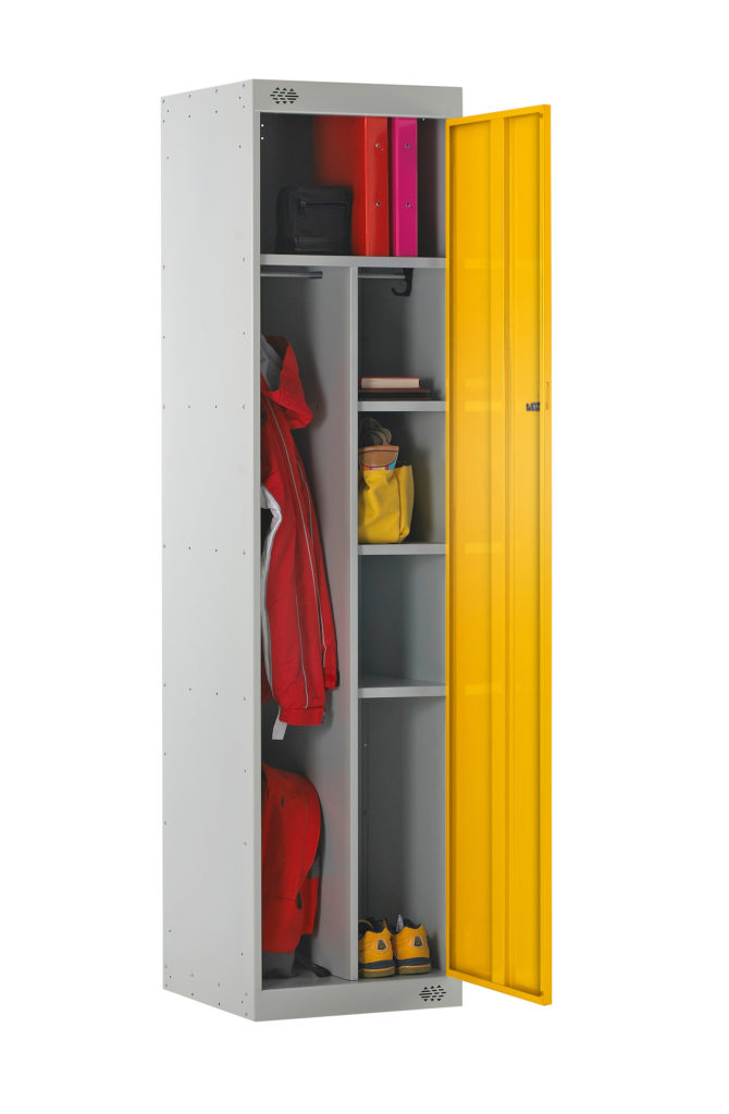 Grey uniform locker with multiple components filled with uniform and the yellow door opened