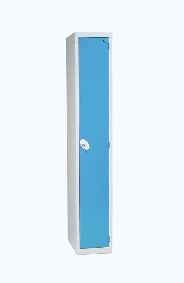 Grey lockable locker with one door in sky blue