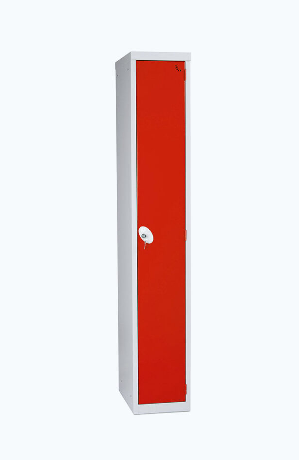 Grey lockable locker with one door in red