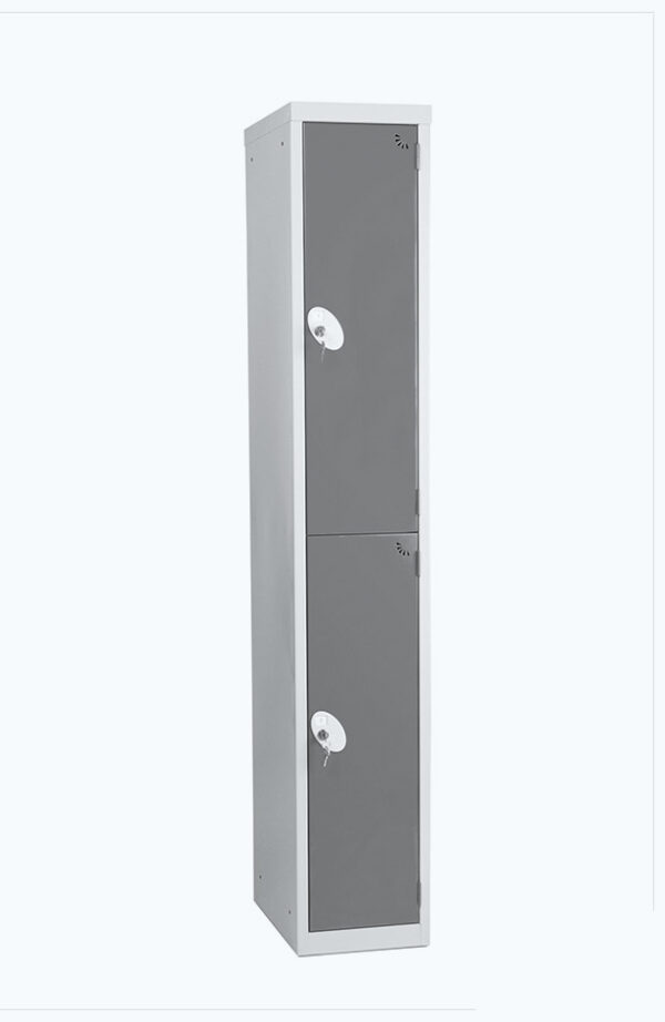 Grey lockable locker with two doors in dark grey
