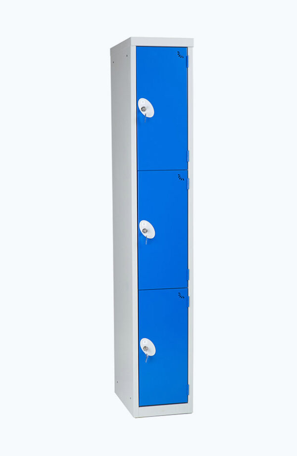 Grey lockable locker with three doors in blue