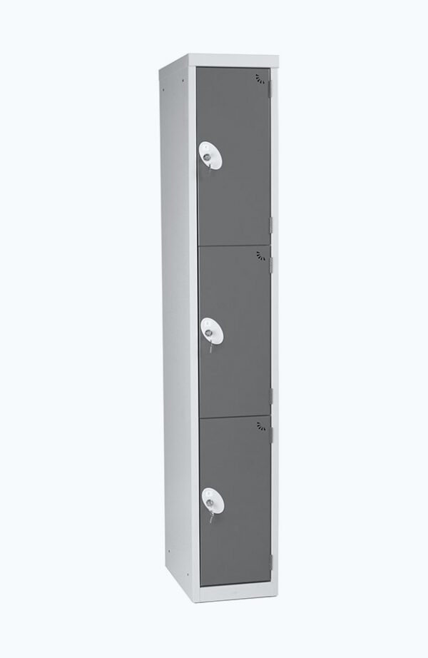 Grey lockable locker with three doors in dark grey
