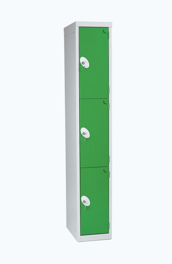 Grey lockable locker with three doors in green