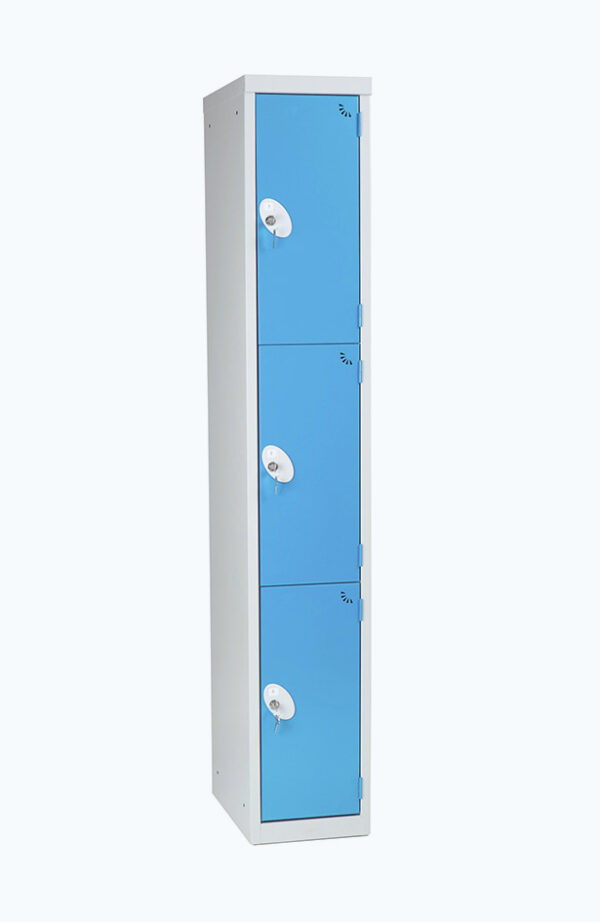 Grey lockable locker with three doors in sky blue