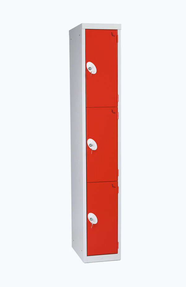 Grey lockable locker with three doors in red
