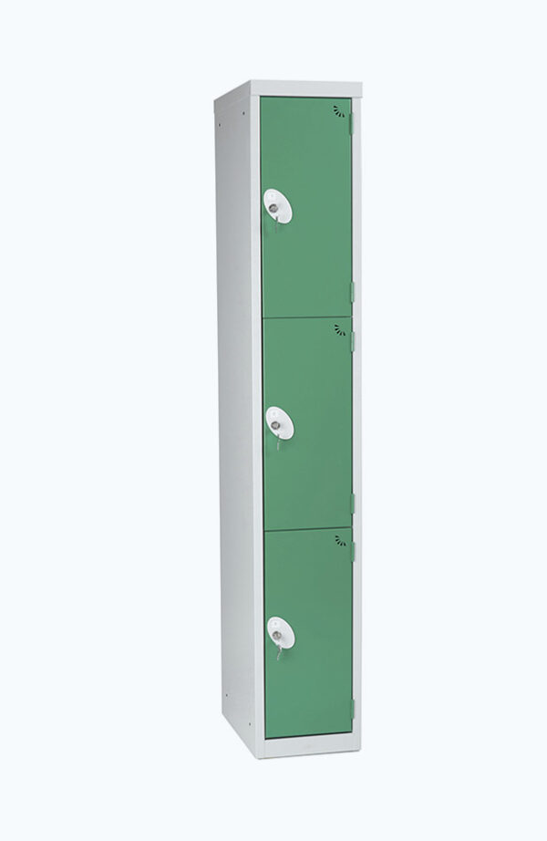 Grey lockable locker with three doors in green
