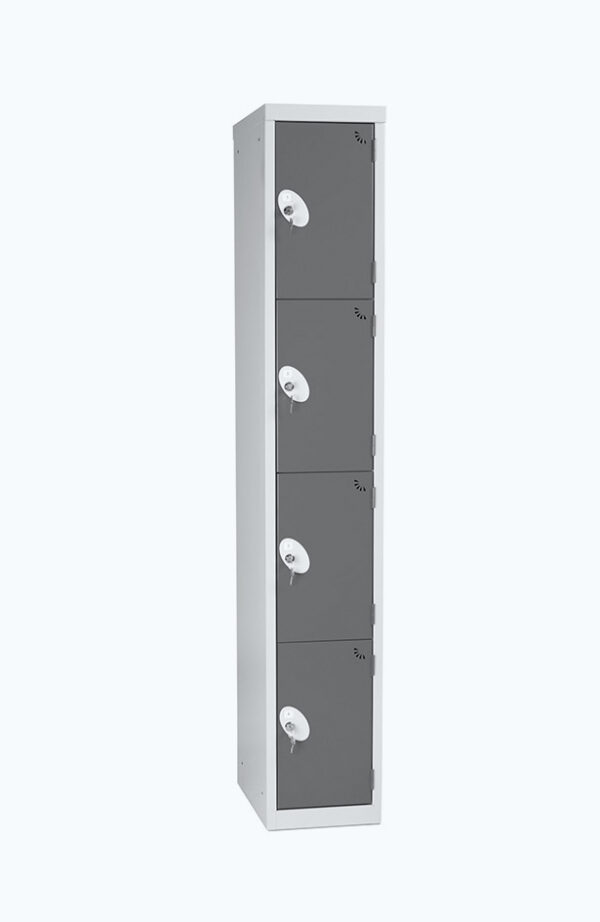 Grey lockable locker with four doors in dark grey