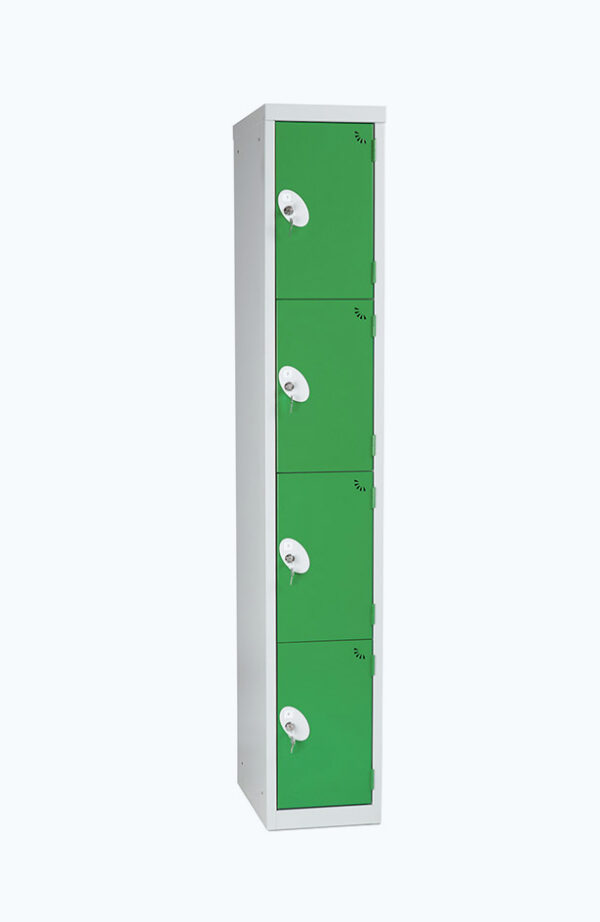 Grey lockable locker with four doors in green