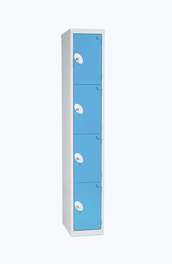 Grey lockable locker with four doors in sky blue