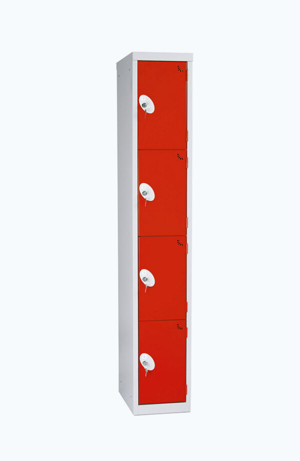 Grey lockable locker with four doors in red