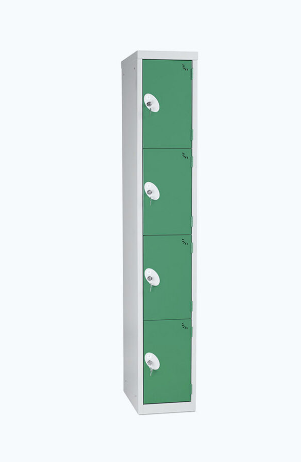 Grey lockable locker with four doors in green