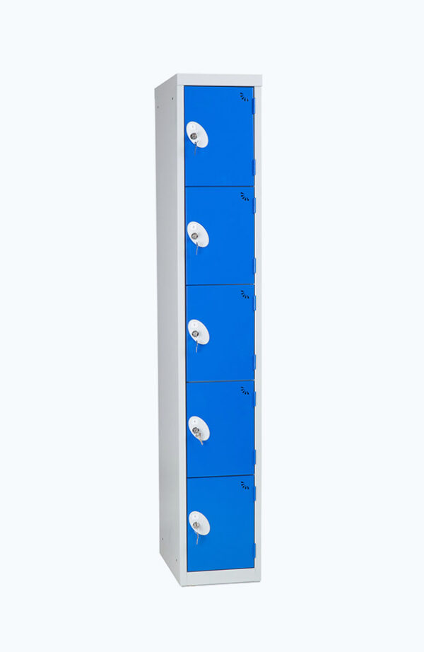 Grey lockable locker with five doors in blue