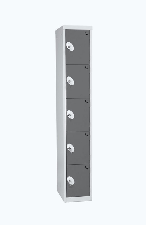 Grey lockable locker with five doors in dark grey
