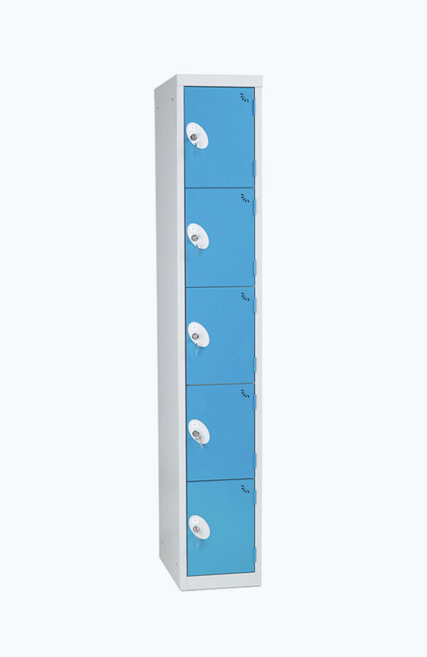 Grey lockable locker with five doors in sky blue