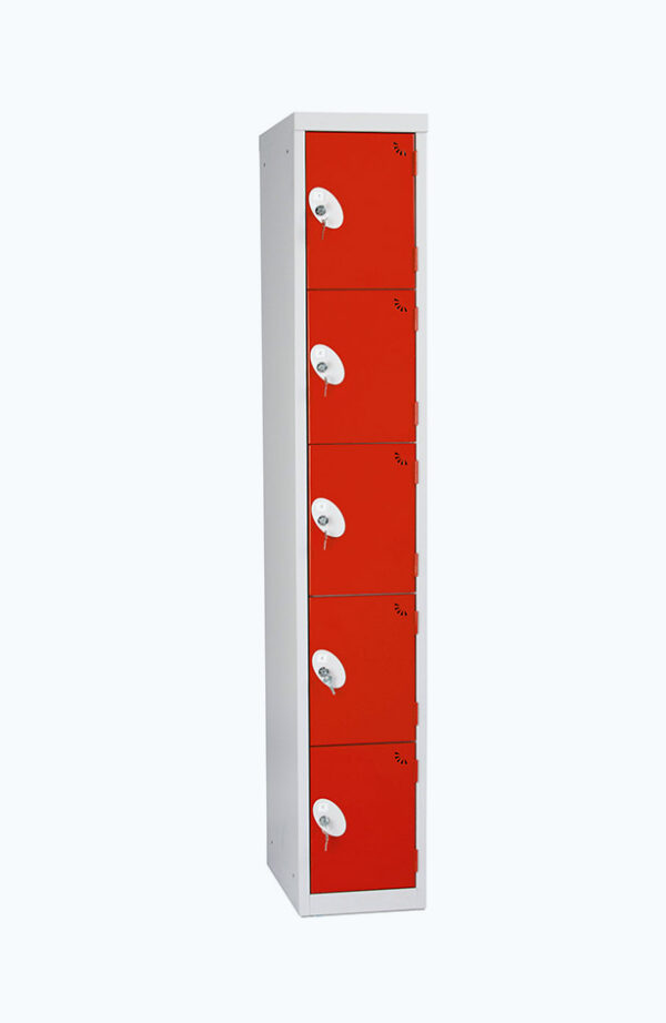 Grey lockable locker with five doors in red