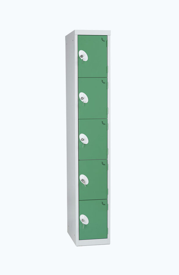Grey lockable locker with five doors in green