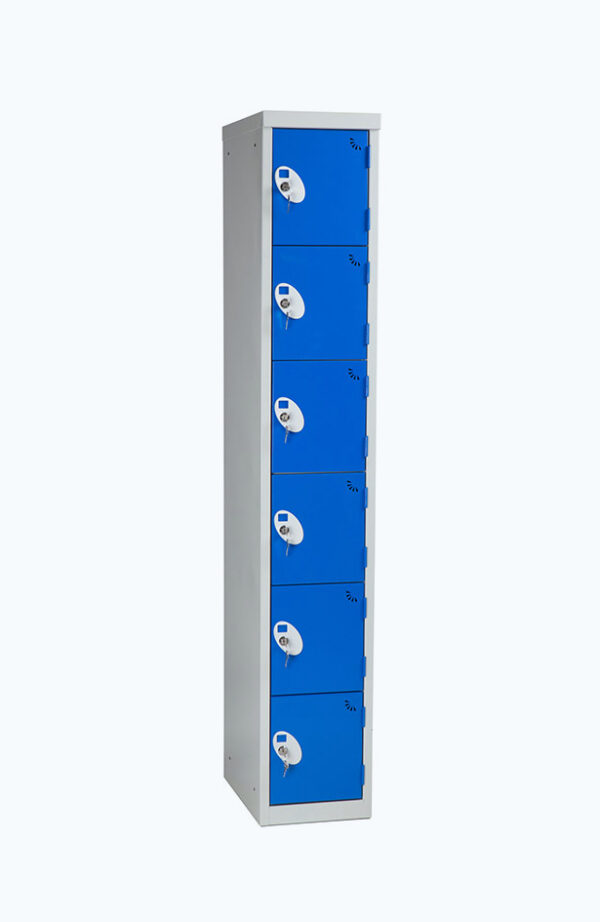 Grey lockable locker with six doors in blue